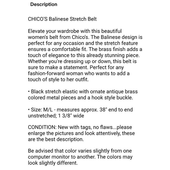 CHICO'S Balinese Stretch Belt  Size M/L NWT  Black & Antique Brass-Tone  Artisan - Picture 10 of 10